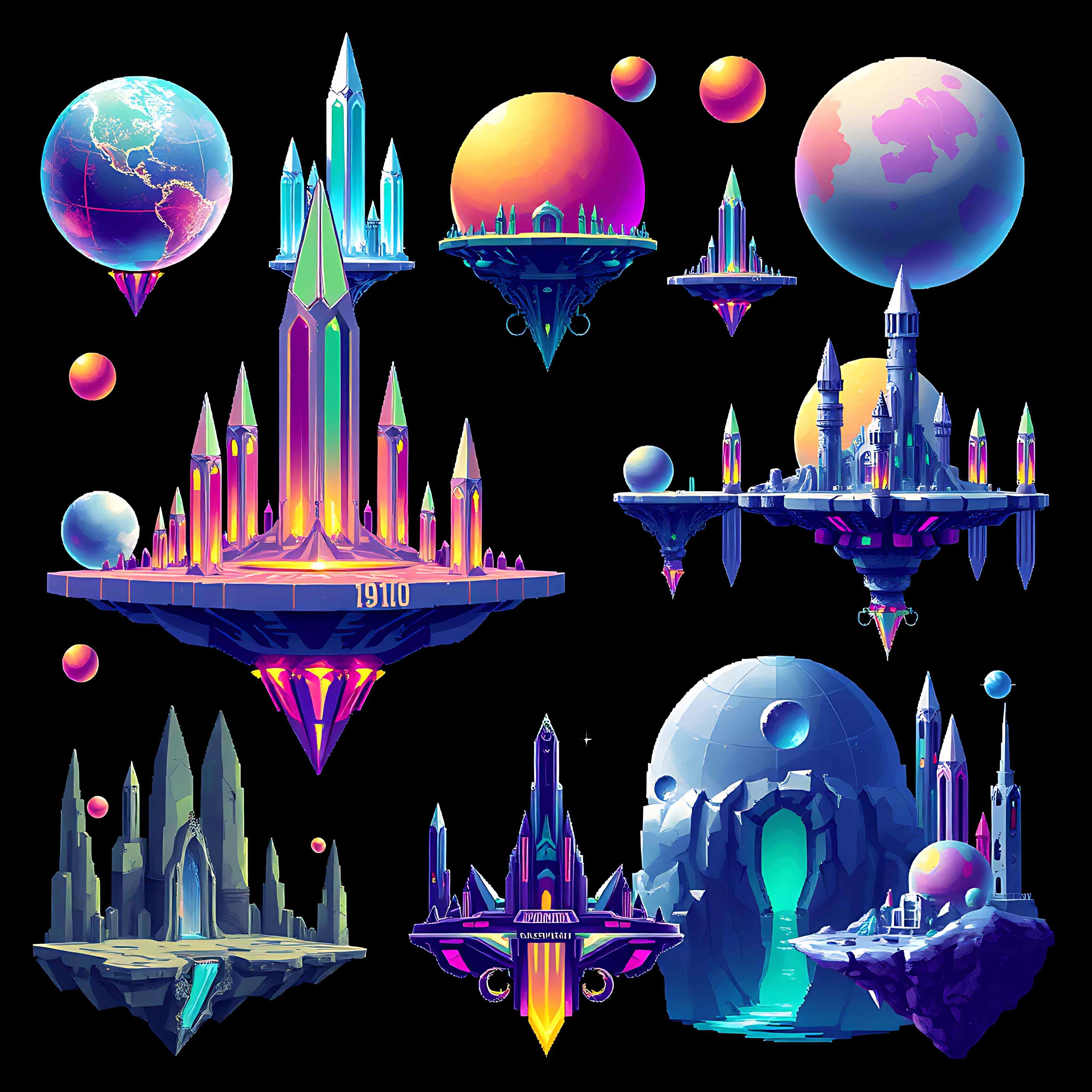 floating spheres with crystalline spires. hovering platforms connect through light bridges alien runes et 010 512