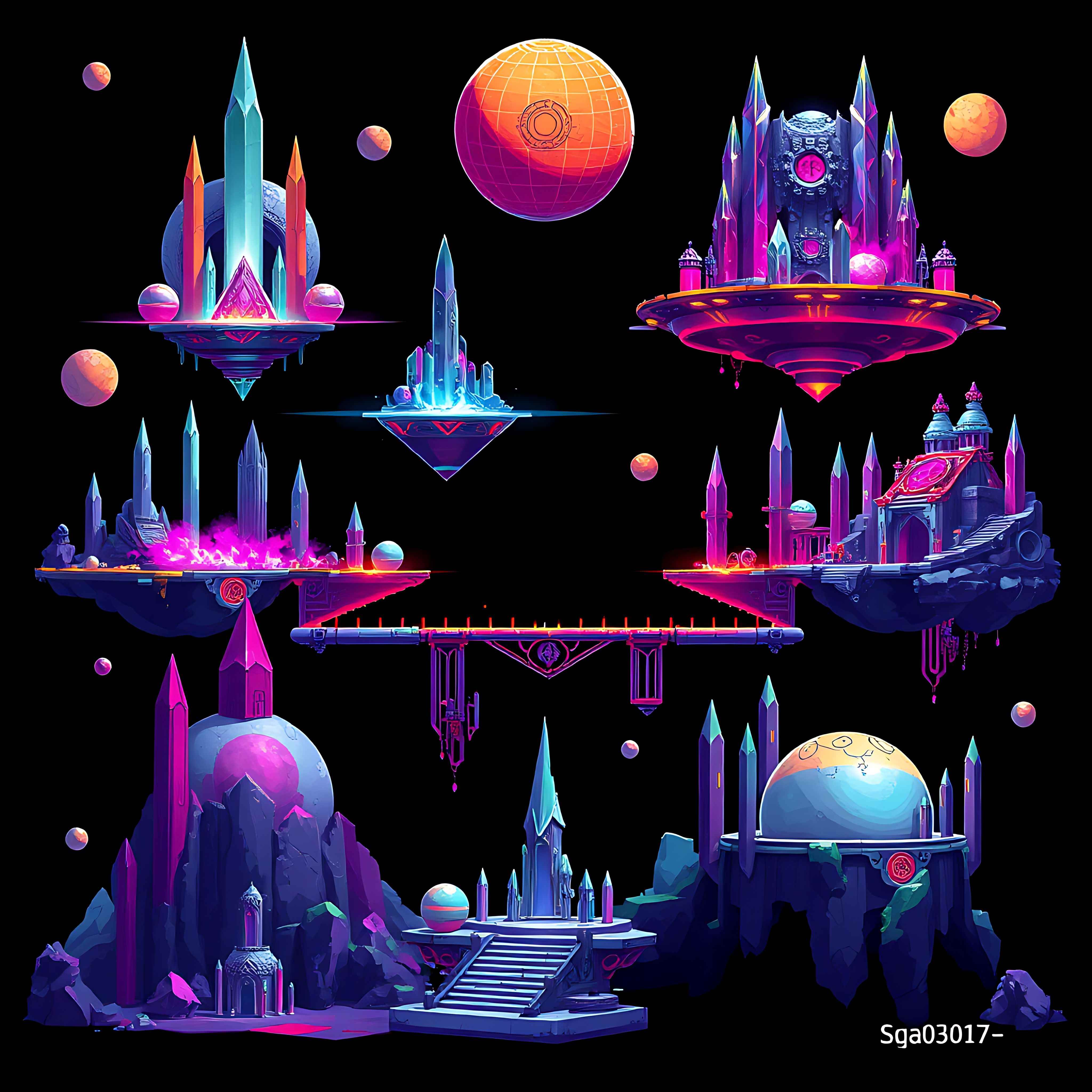 floating spheres with crystalline spires. hovering platforms connect through light bridges alien runes et 011 545