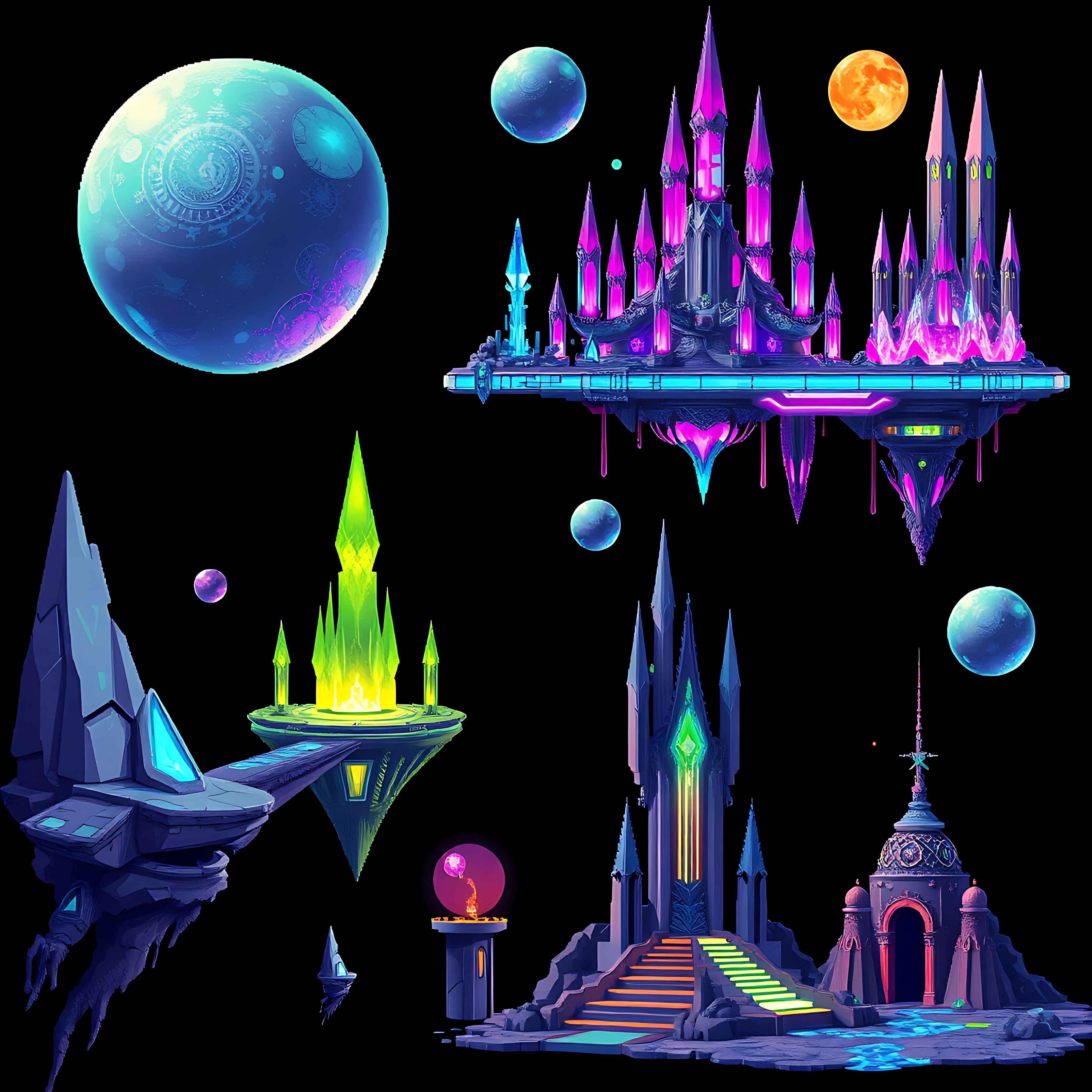 floating spheres with crystalline spires. hovering platforms connect through light bridges alien runes et 06 303