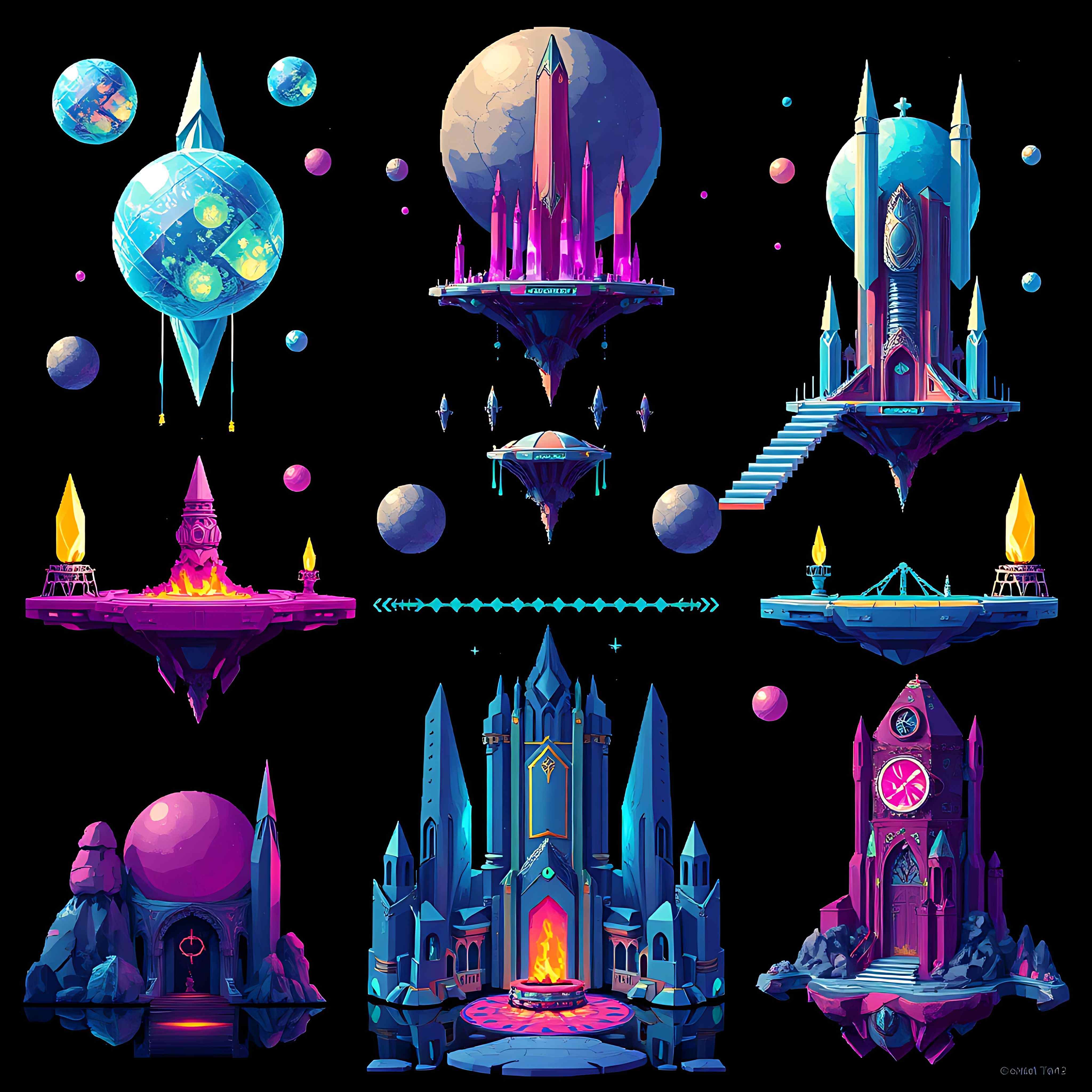 floating spheres with crystalline spires. hovering platforms connect through light bridges alien runes et 07 819
