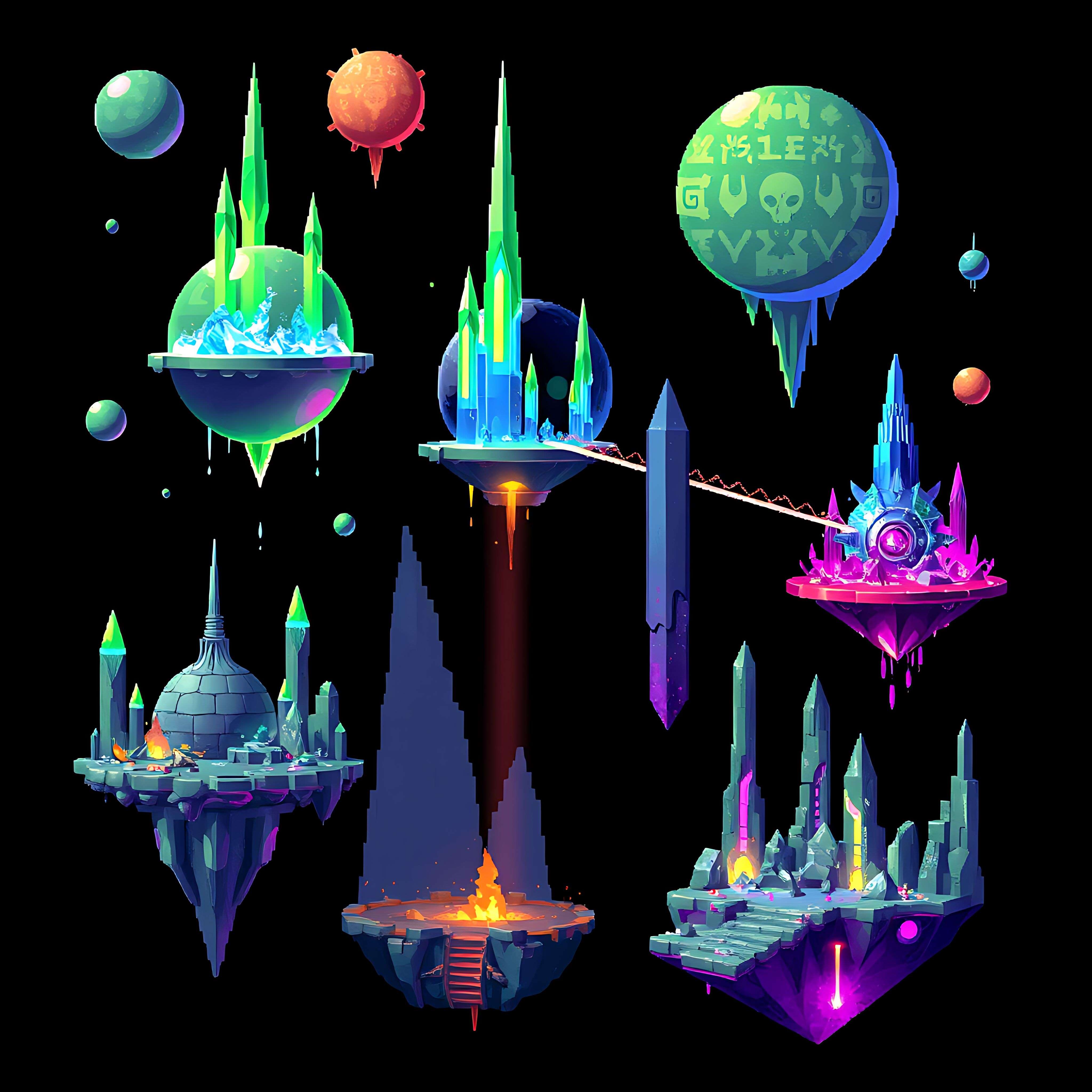floating spheres with crystalline spires. hovering platforms connect through light bridges alien runes et 08 216