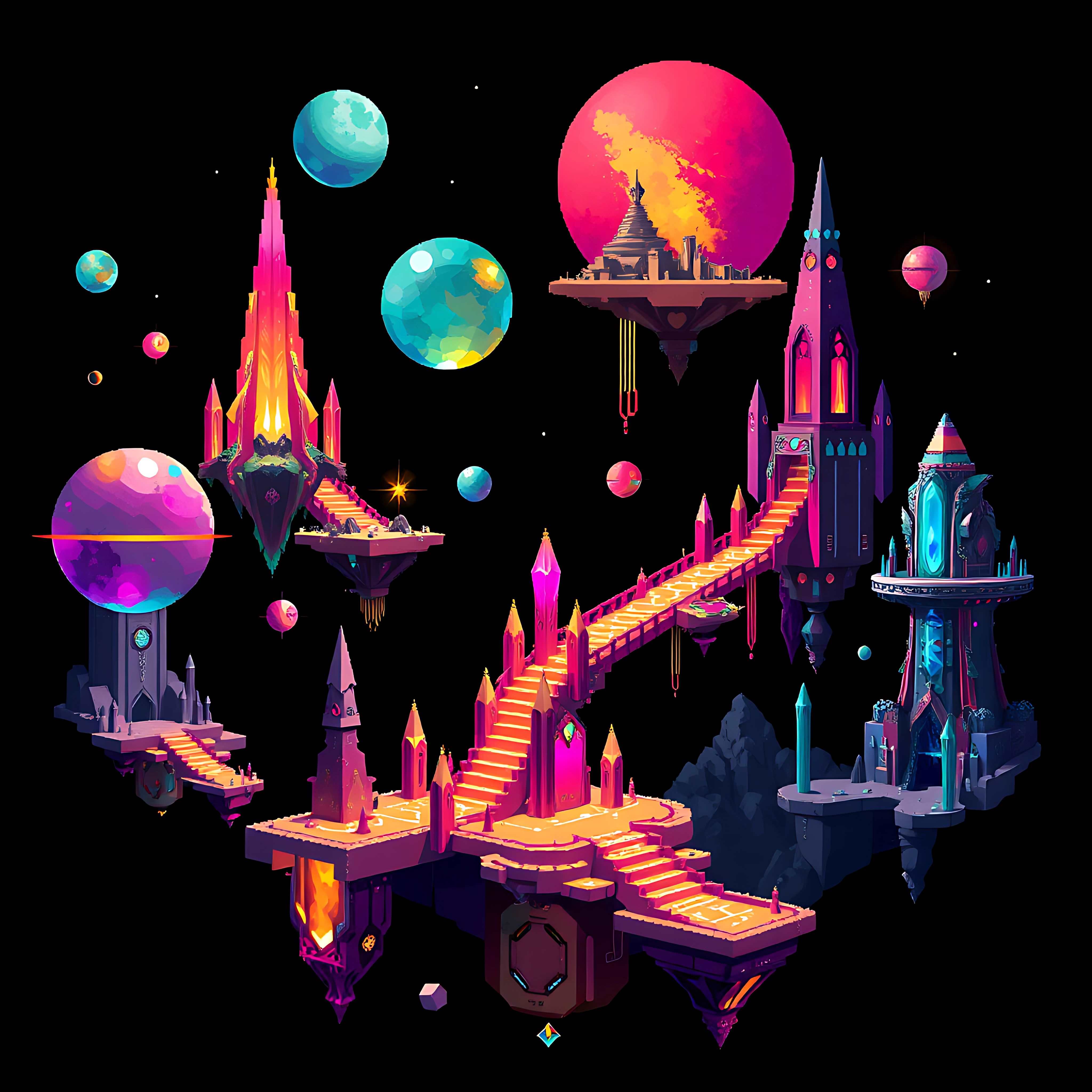 floating spheres with crystalline spires. hovering platforms connect through light bridges alien runes et 16 548