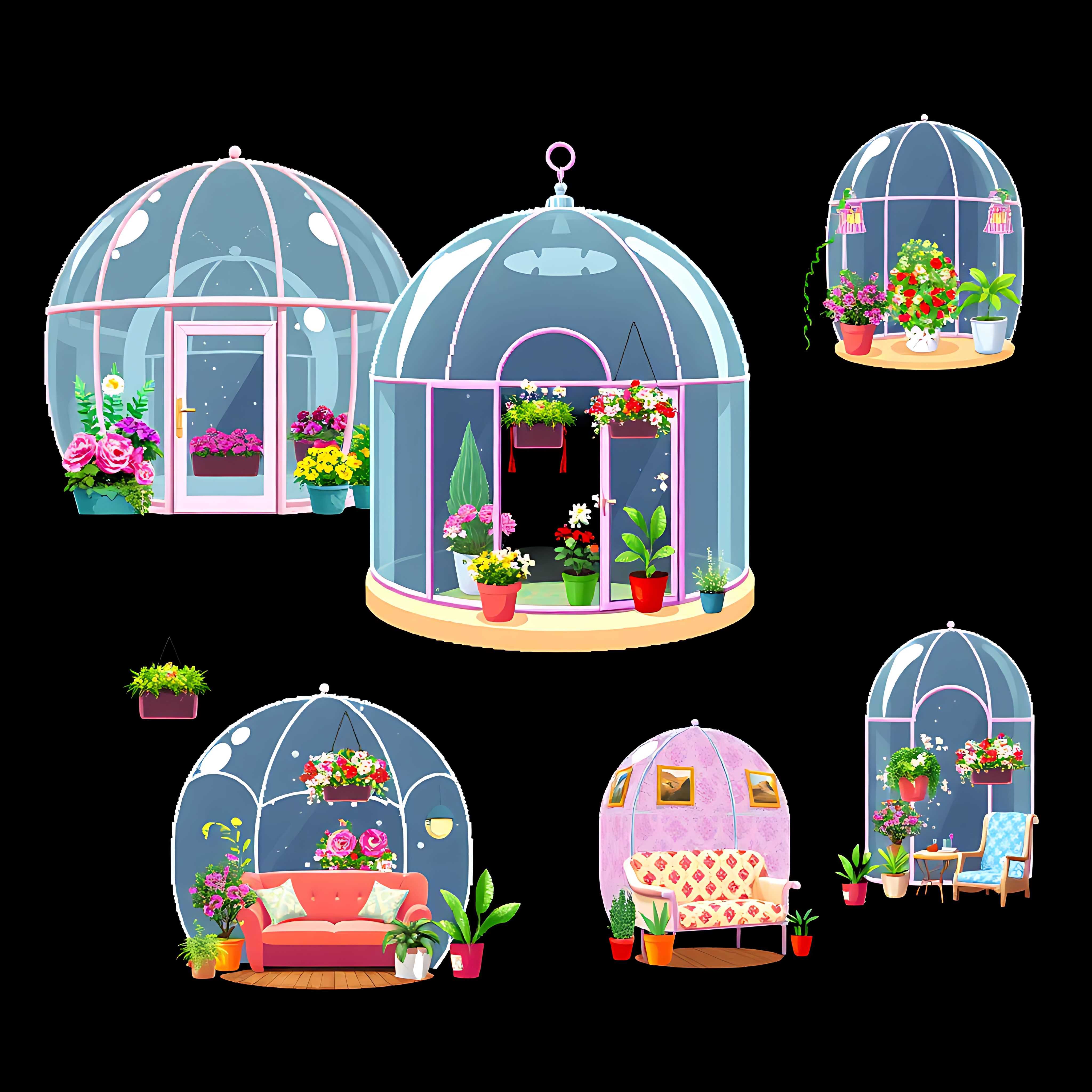flower dome houses with blooming gardens. glass walls blooming flowers and hanging planters. floral wallp 13 839