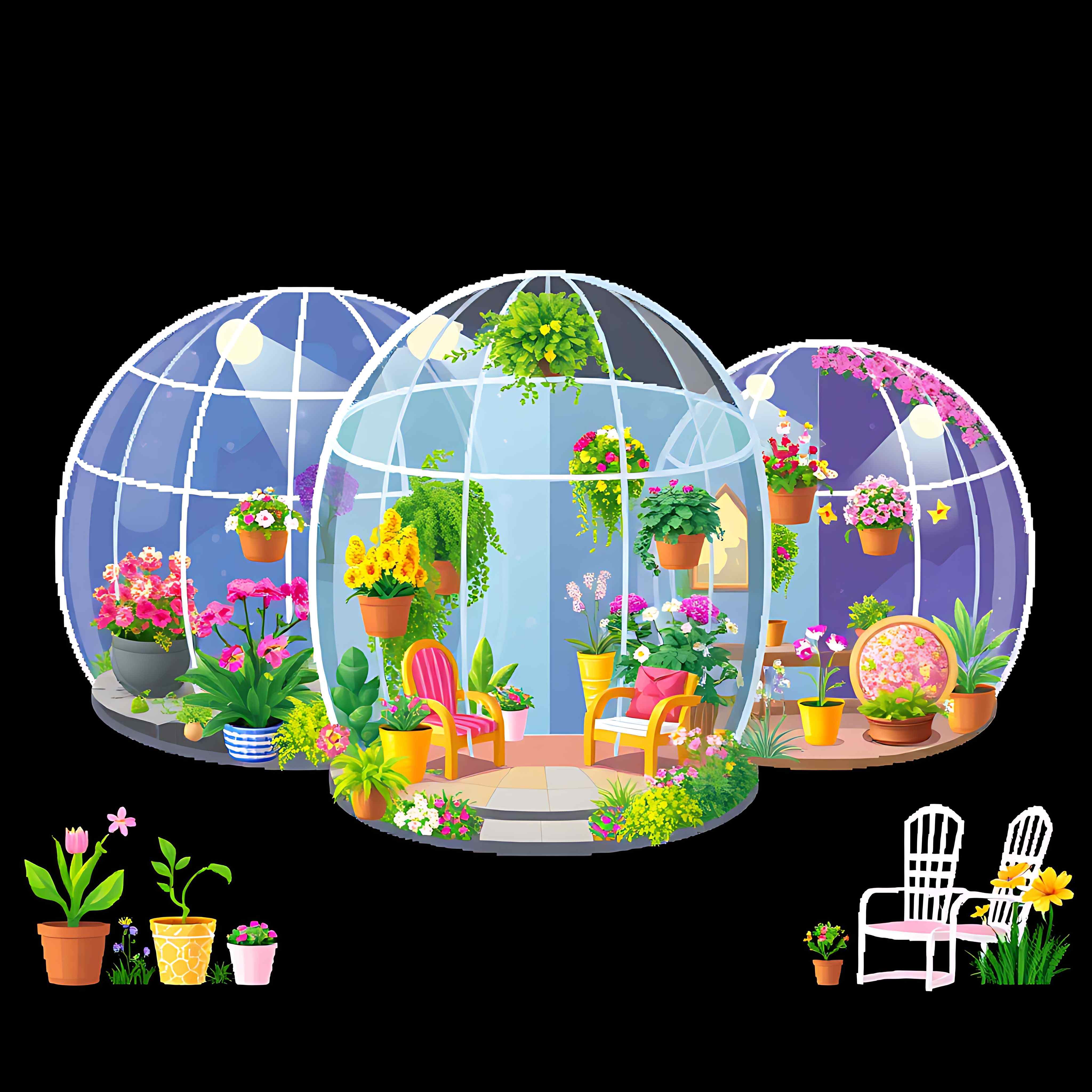 flower dome houses with blooming gardens. glass walls blooming flowers and hanging planters. floral wallp 14 917