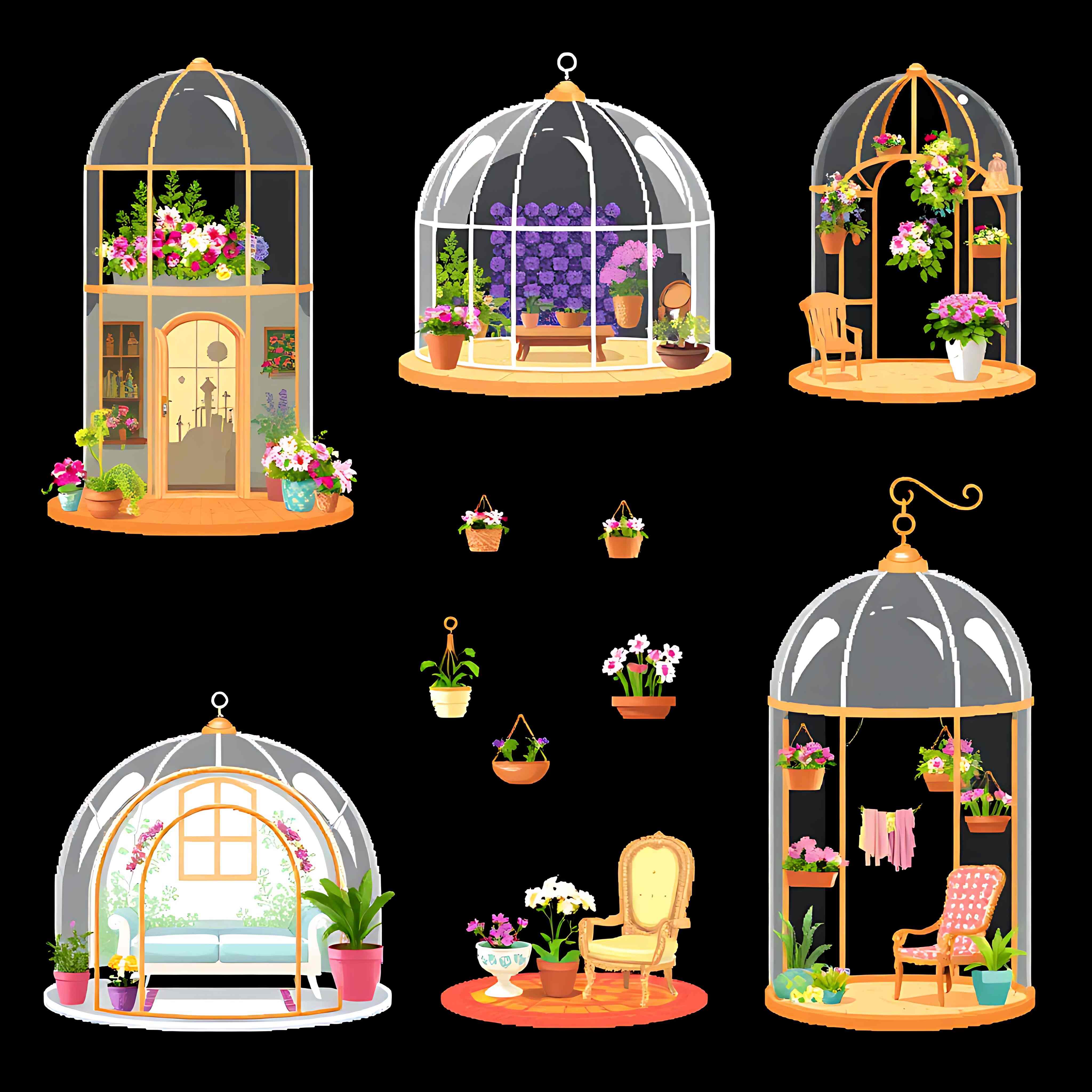 flower dome houses with blooming gardens. glass walls blooming flowers and hanging planters. floral wallp 15 970