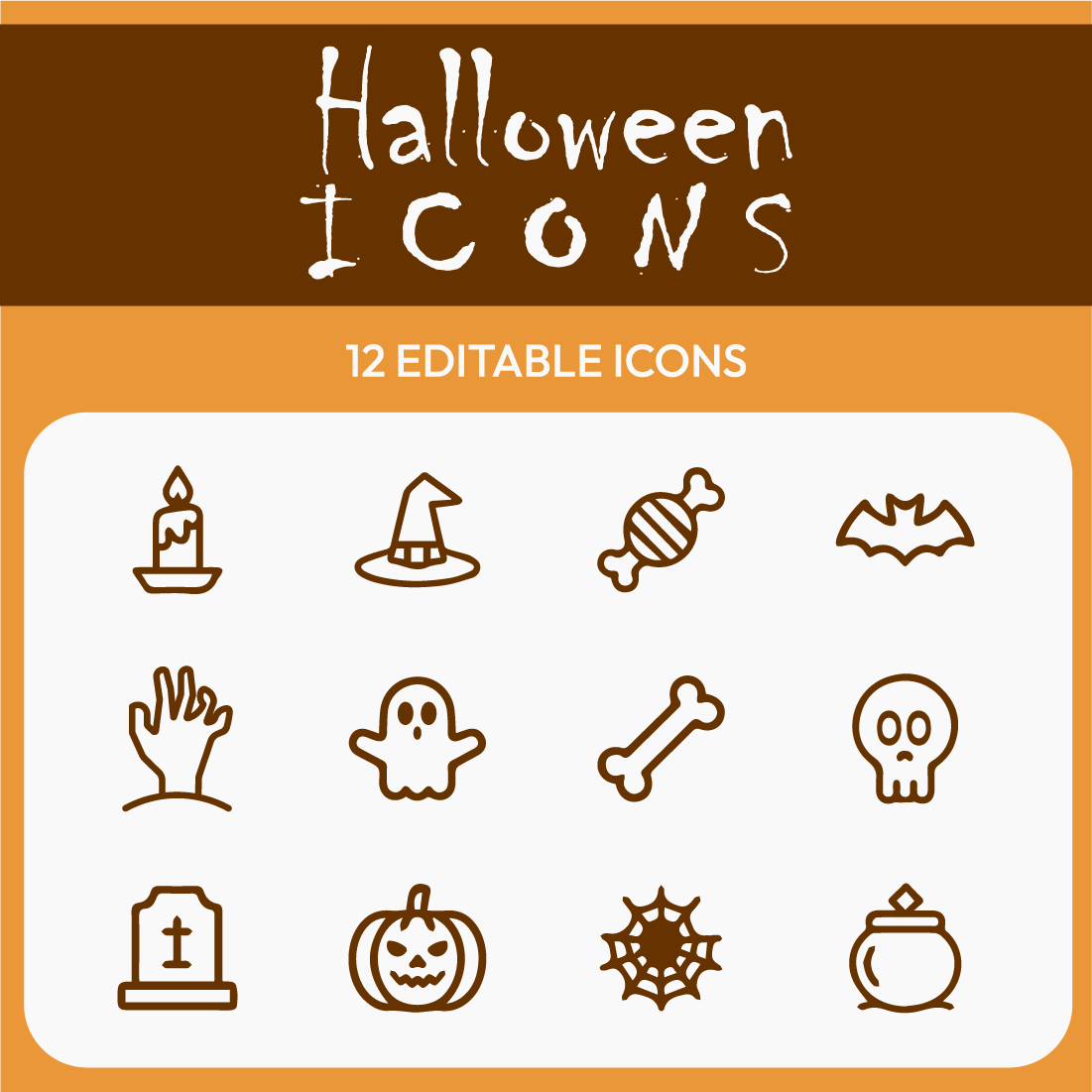 Halloween Vector Icon Set – 12 Icon Bundle – Pumpkin, Ghost, Witch Hat, Skull & More preview image.