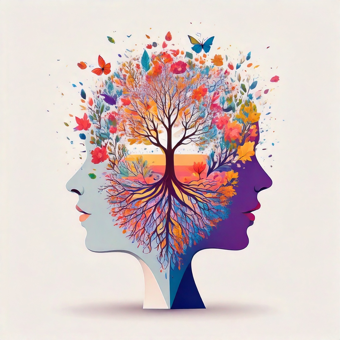 Human Head Transforms into Tree of Life with Butterflies and Blossoms cover image.