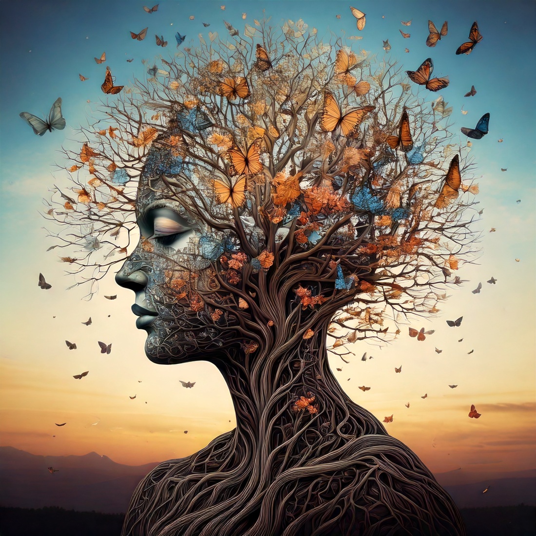 Human Head Transforms into Tree of Life with Butterflies and Blossoms preview image.
