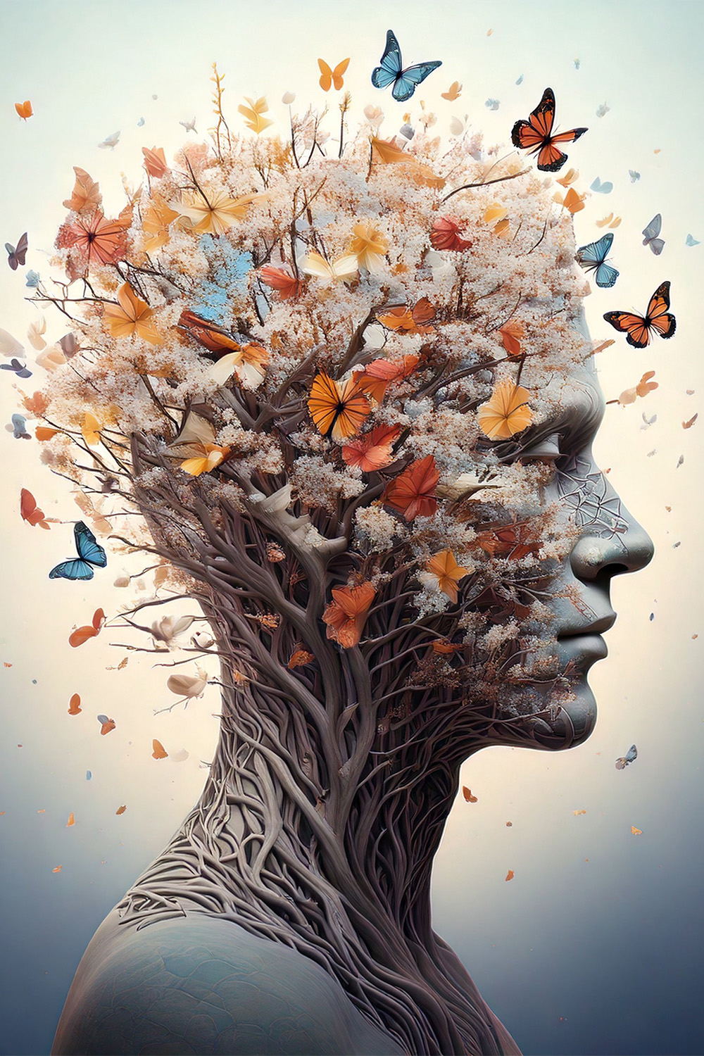 Human Head Transforms into Tree of Life with Butterflies and Blossoms pinterest preview image.