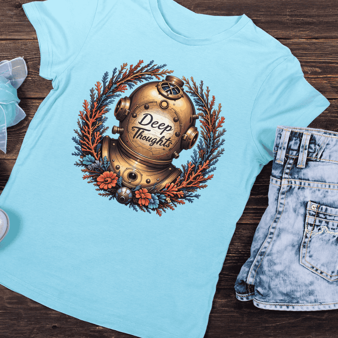 Ornate Diving Helmet with Floral Wreath T-Shirt Design preview image.