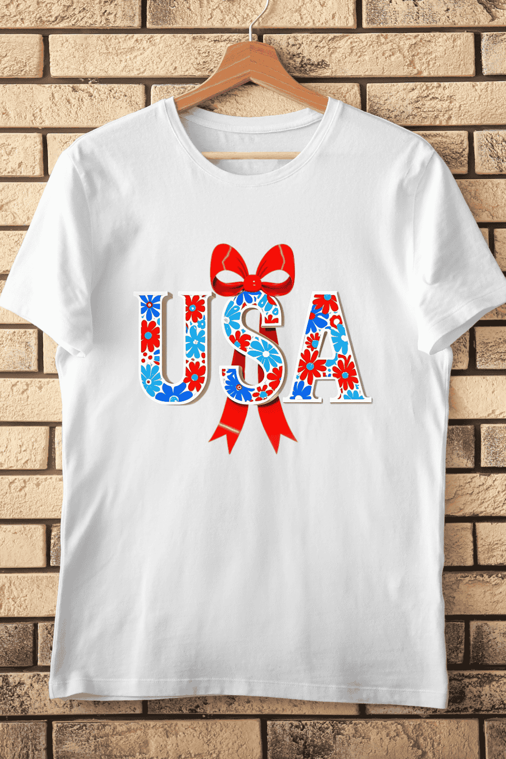 Festive USA Floral Bow T-Shirt Design pinterest preview image.