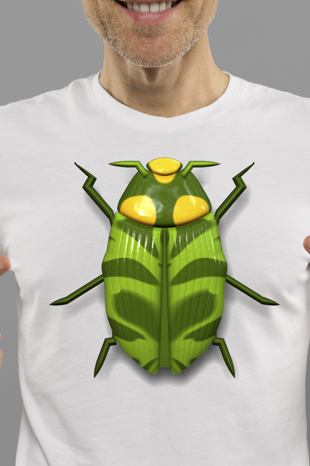 A stylized, bright green beetle with yellow markings on its back T-shirt design pinterest preview image.