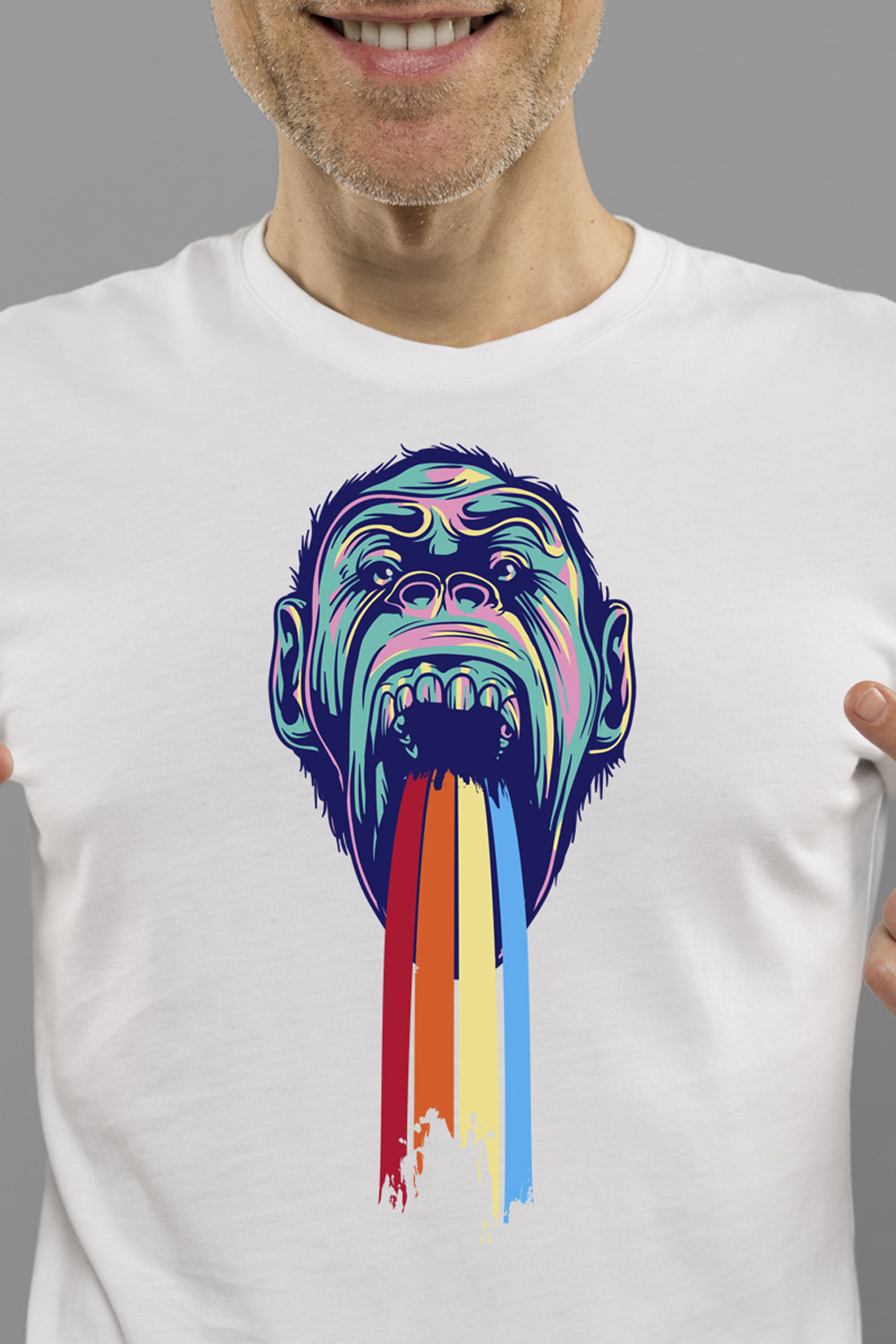A vibrant, stylized illustration of a monkey's face, displaying an exaggerated expression of excitement T-shirt design pinterest preview image.