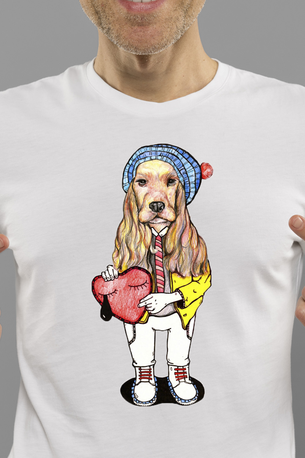 An illustrated dog with a long, golden coat wears a blue beanie T-shirt pinterest preview image.