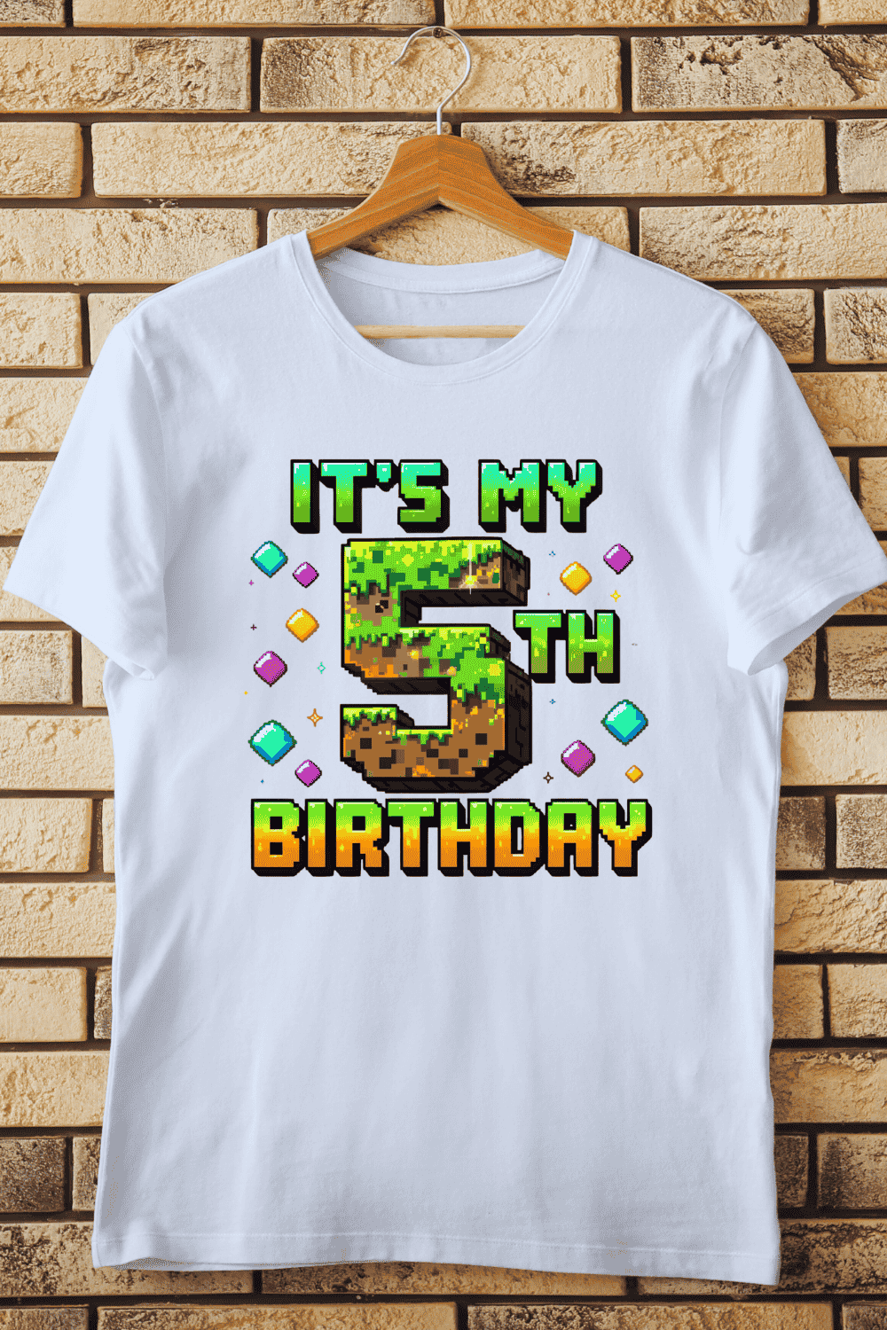 Colorful Pixel Style Fifth Birthday T-Shirt Design pinterest preview image.