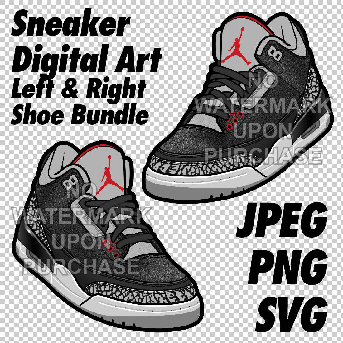 Air Jordan 3 Black Cement JPEG PNG SVG digital sneaker art cover image.