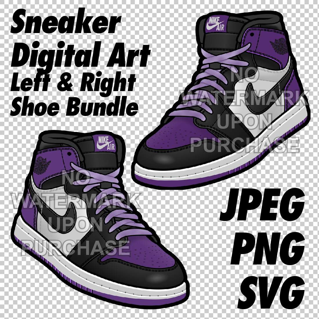 Air Jordan 1 Purple Toe JPEG PNG SVG (with lace swap) digital sneaker art cover image.
