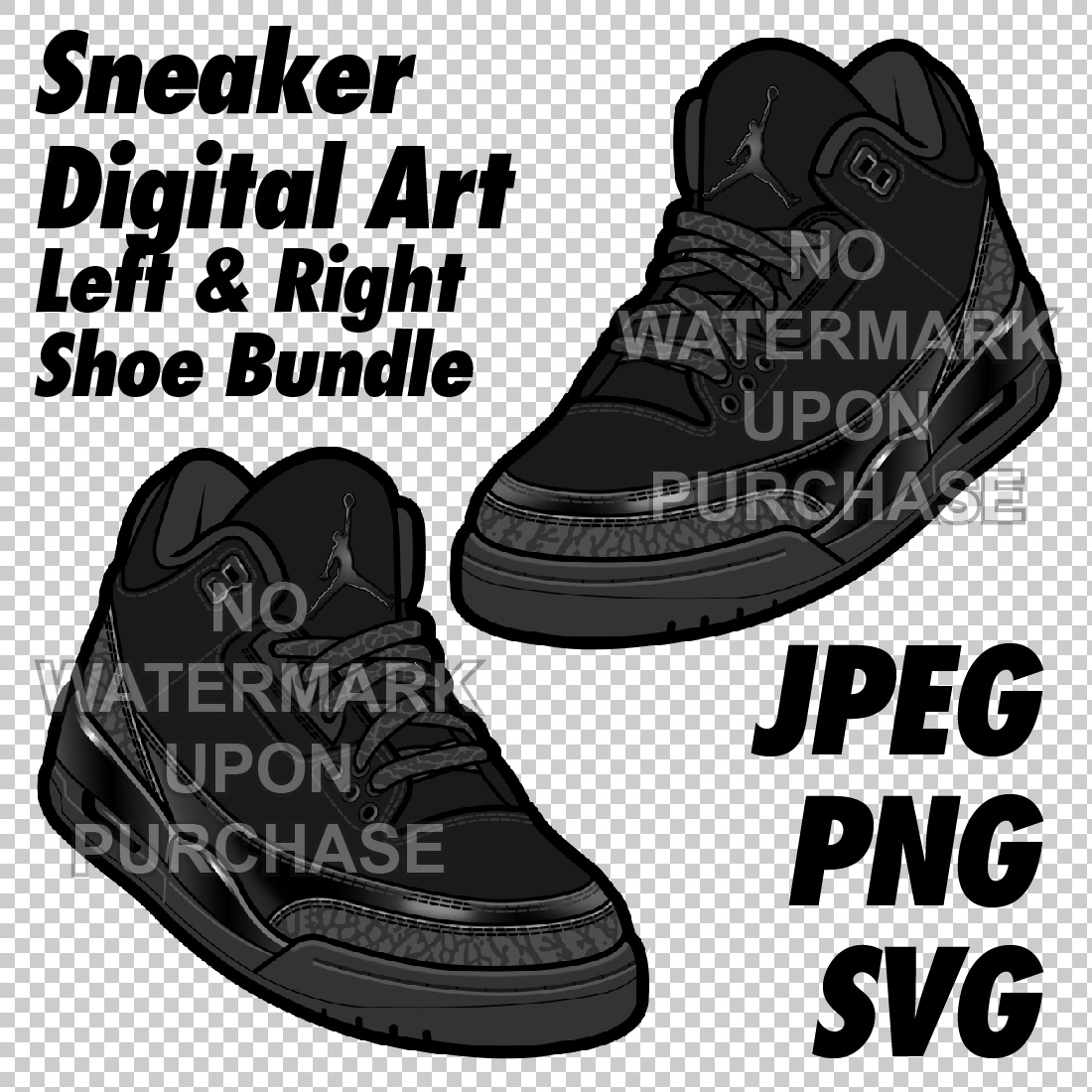 Air Jordan 3 Black Cat in JPEG, PNG, SVG digital sneaker art cover image.