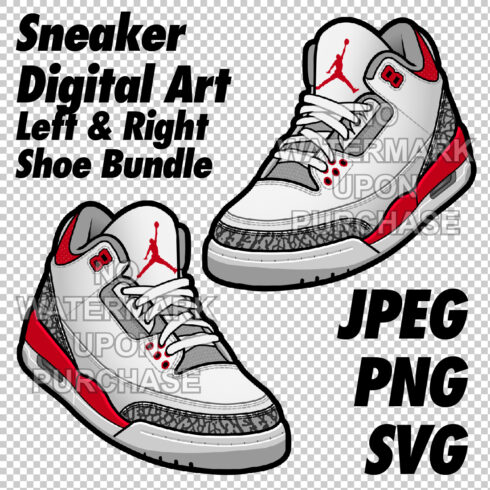 Air Jordan 3 Fire Red OG & 2022 version JPEG PNG SVG Digital sneaker art cover image.