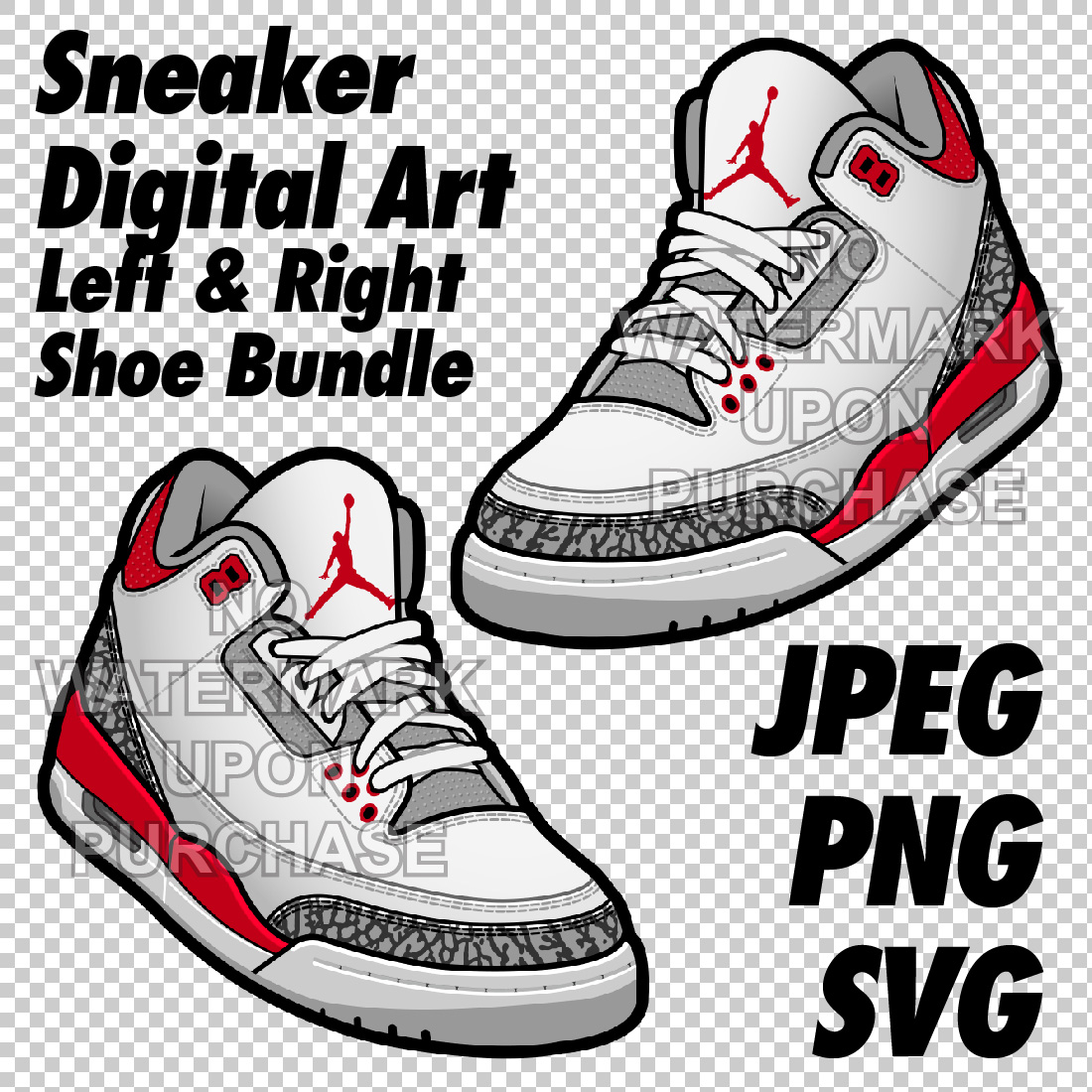 Air Jordan 3 Fire Red OG & 2022 version JPEG PNG SVG Digital sneaker art cover image.