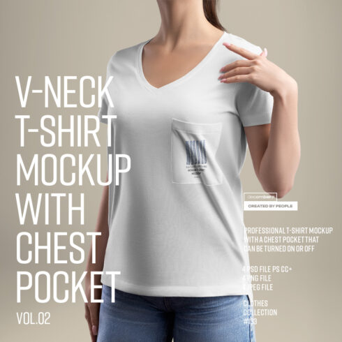 4 Mockup Woman V-Neck T-Shirt with a Chest Pocket vol02 cover image.