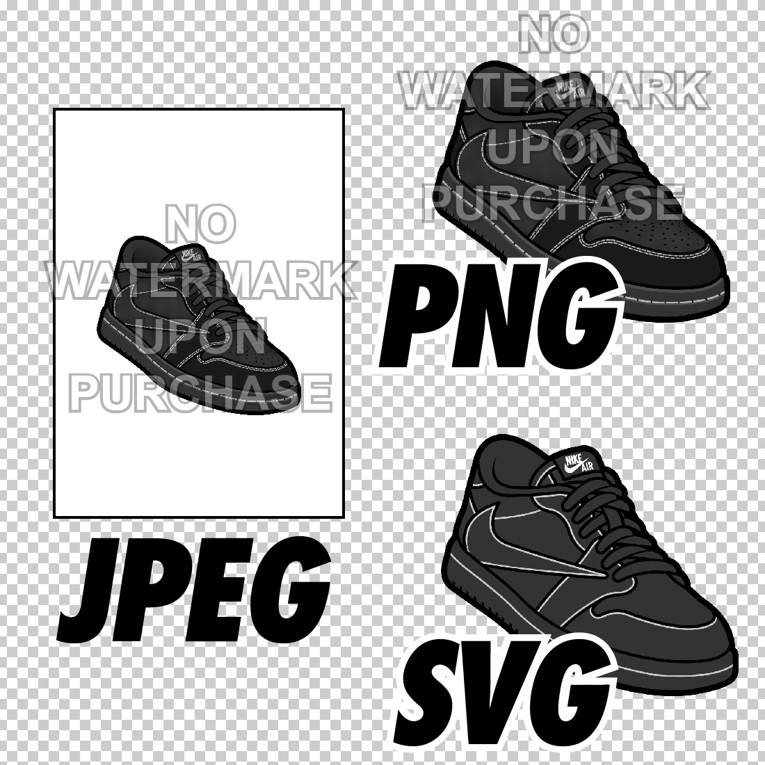 Air Jordan 1 Low Travis Scott Black Phantom with lace swap JPEG PNG SVG digital sneaker art preview image.