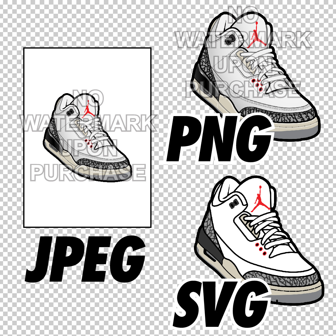 Air Jordan 3 White Cement OG & Reimagined JPEG PNG SVG Digital Sneaker Art preview image.