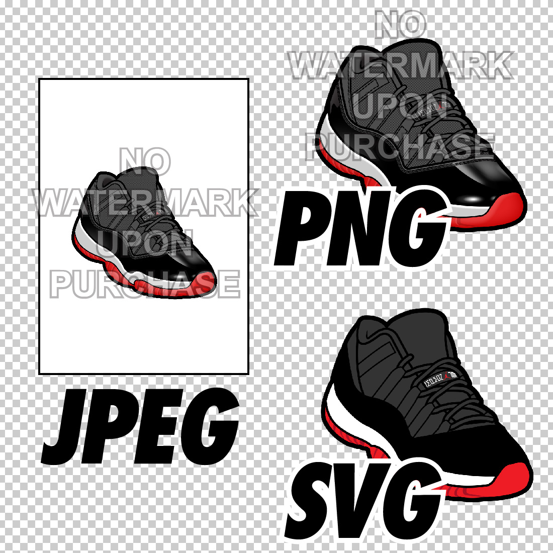Air Jordan 11 Low Bred 2025 JPEG PNG SVG digital sneaker art preview image.