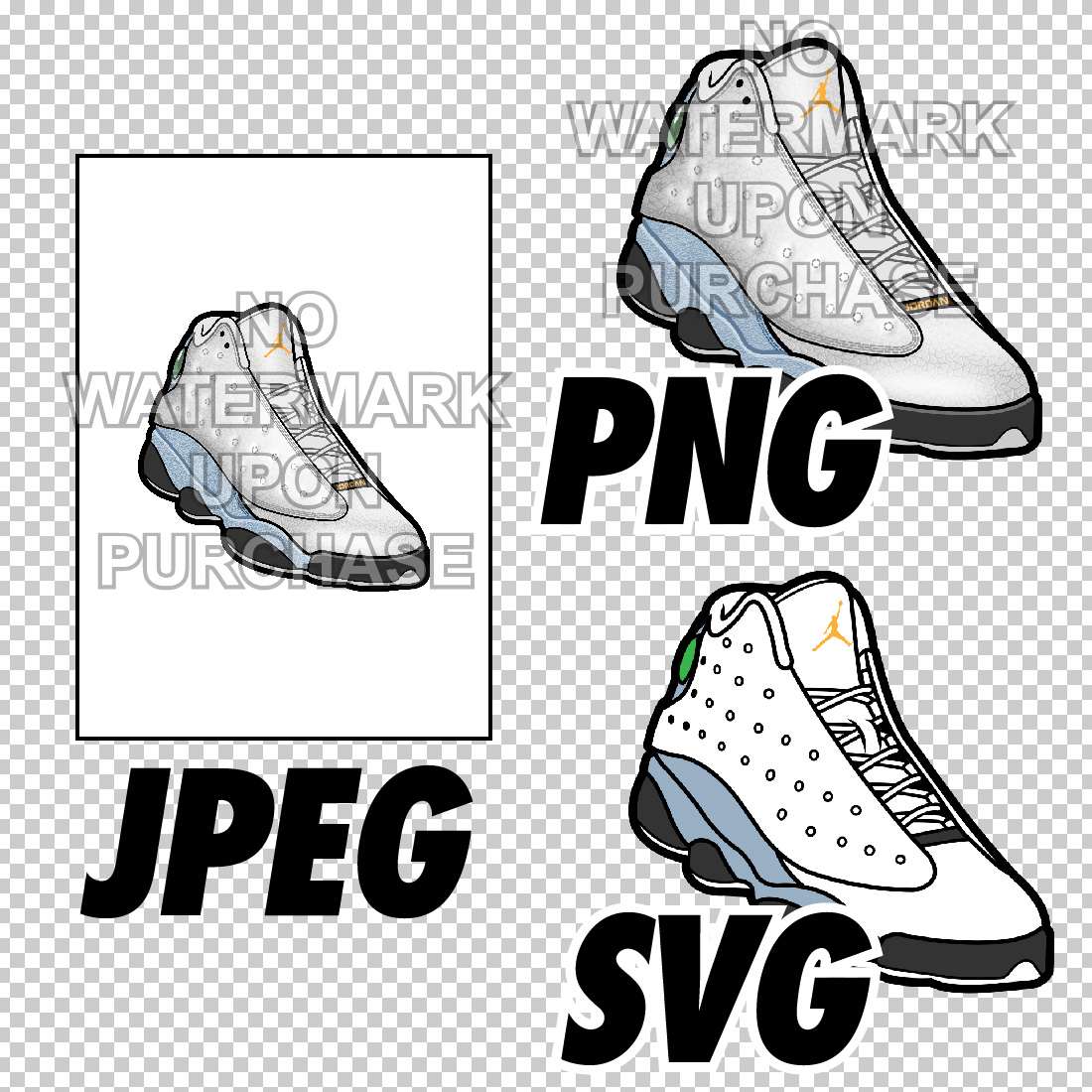 Air Jordan 13 Blue Grey JPEG PNG SVG Digital Sneaker art preview image.