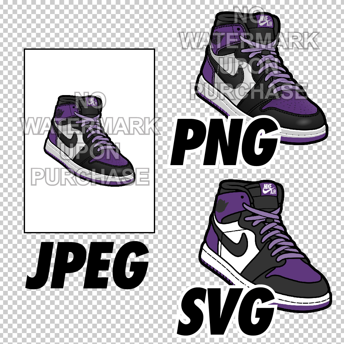 Air Jordan 1 Purple Toe JPEG PNG SVG (with lace swap) digital sneaker art preview image.