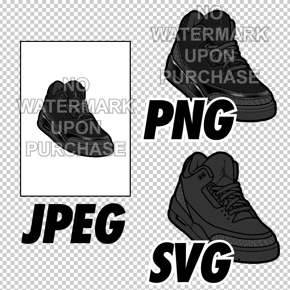 Air Jordan 3 Black Cat in JPEG, PNG, SVG digital sneaker art preview image.