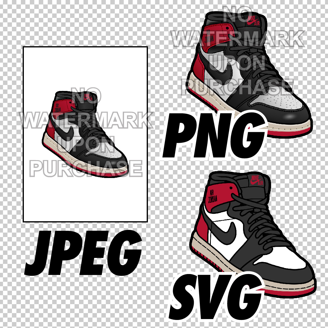 Air Jordan 1 Black Toe Reimagined JPEG PNG SVG digital sneaker art preview image.