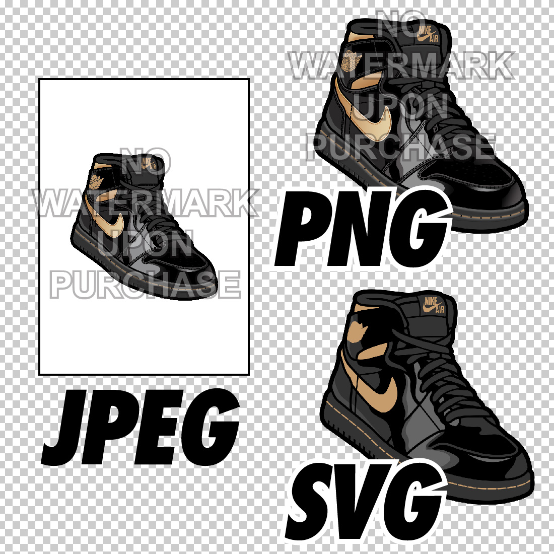 Air Jordan 1 Black Metallic Gold JPEG PNG SVG digital sneaker art preview image.