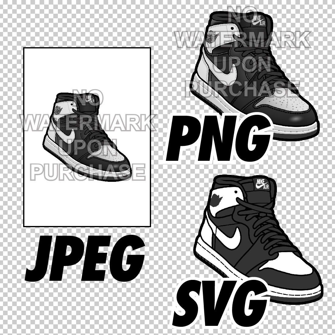 Air Jordan 1 Black White JPEG PNG SVG Digital sneaker art preview image.