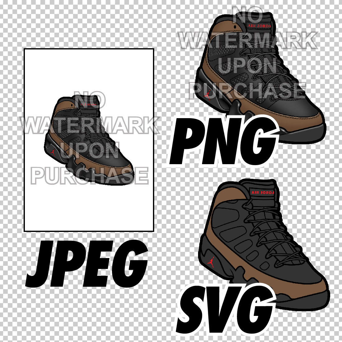 Air Jordan 9 Olive JPEG PNG SVG Digital Sneaker Art preview image.