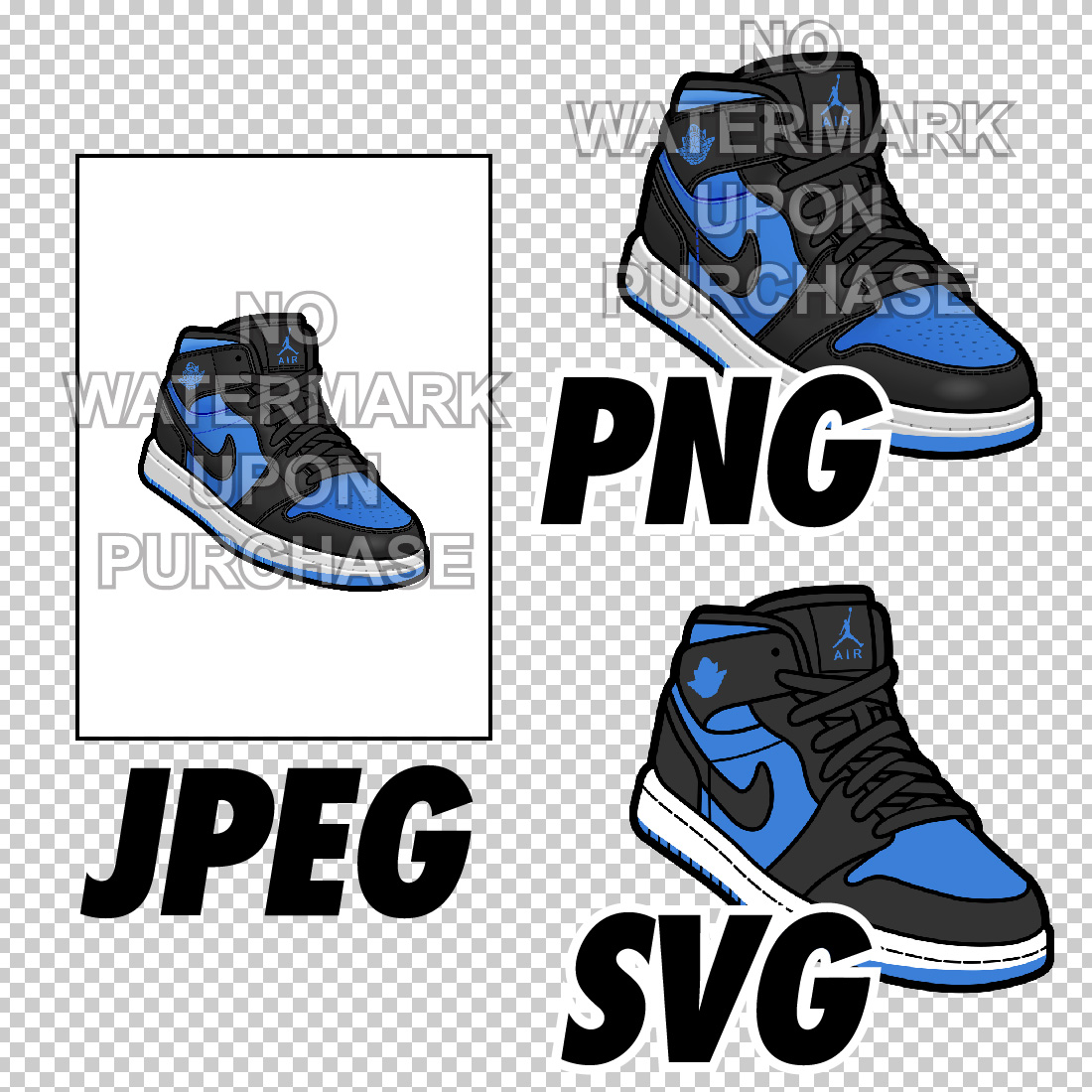 Air Jordan 1 MID Black Royal Blue JPEG PNG SVG digital sneaker art preview image.