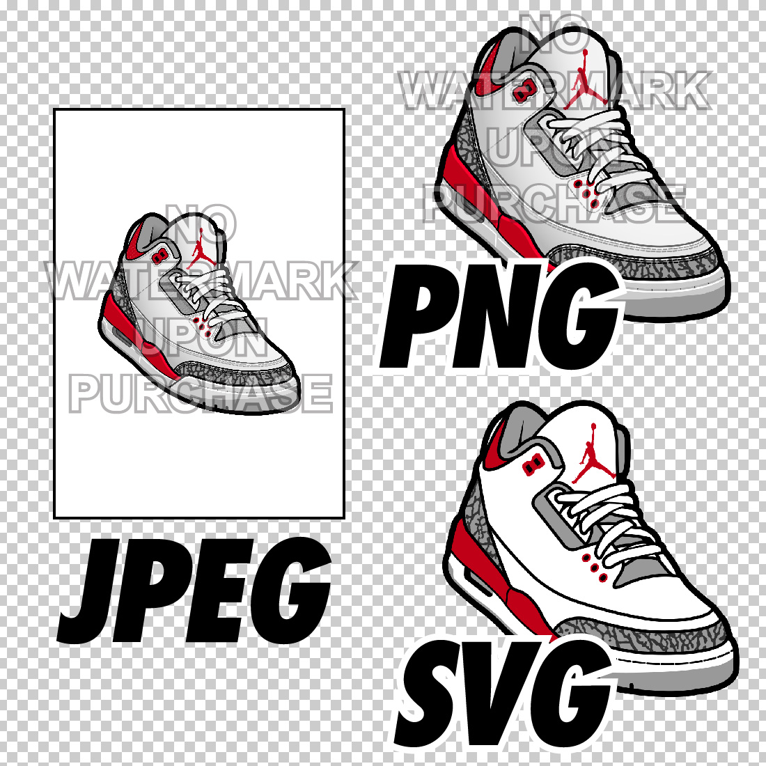 Air Jordan 3 Fire Red OG & 2022 version JPEG PNG SVG Digital sneaker art preview image.