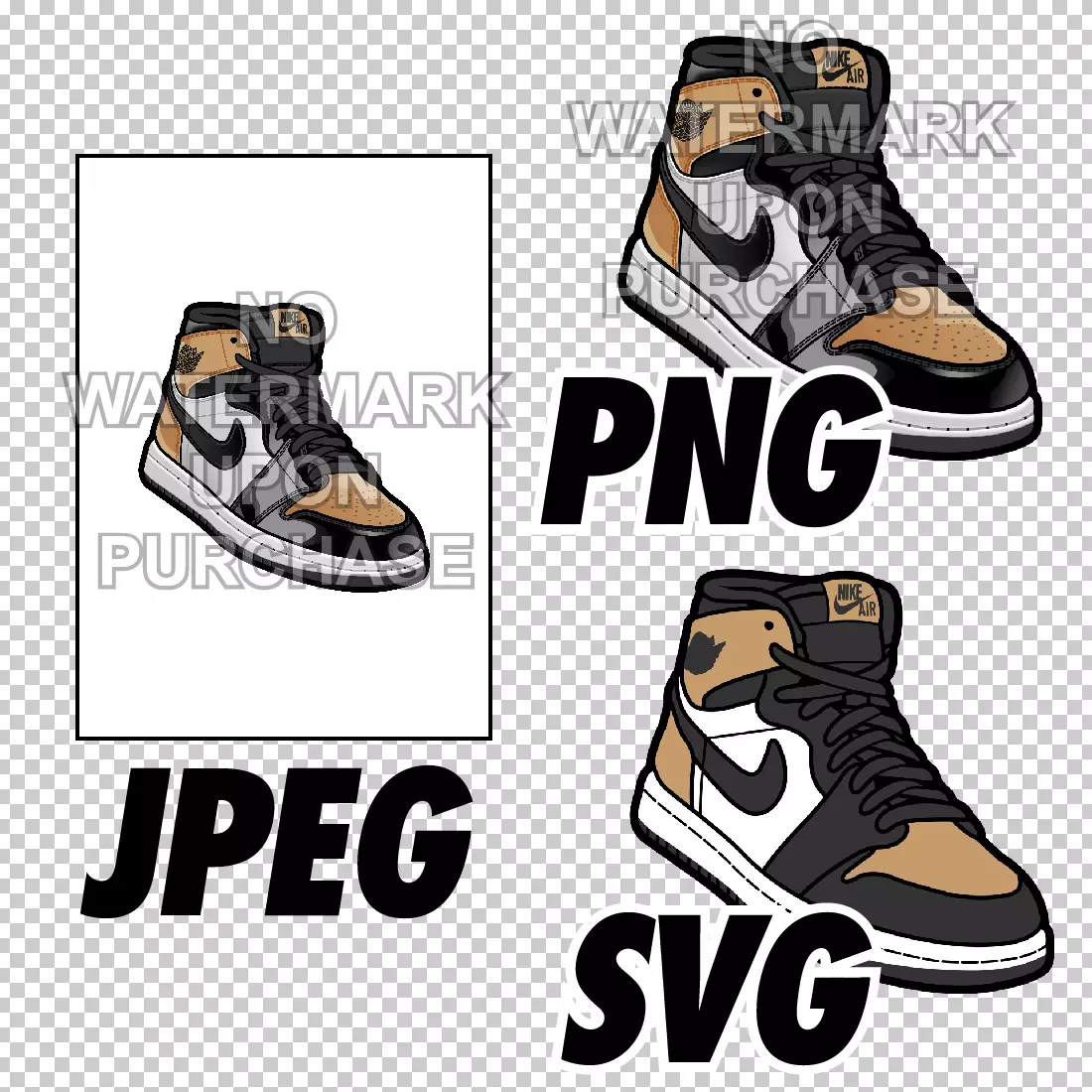 Air Jordan 1 Gold Toe JPEG PNG SVG digital sneaker art preview image.