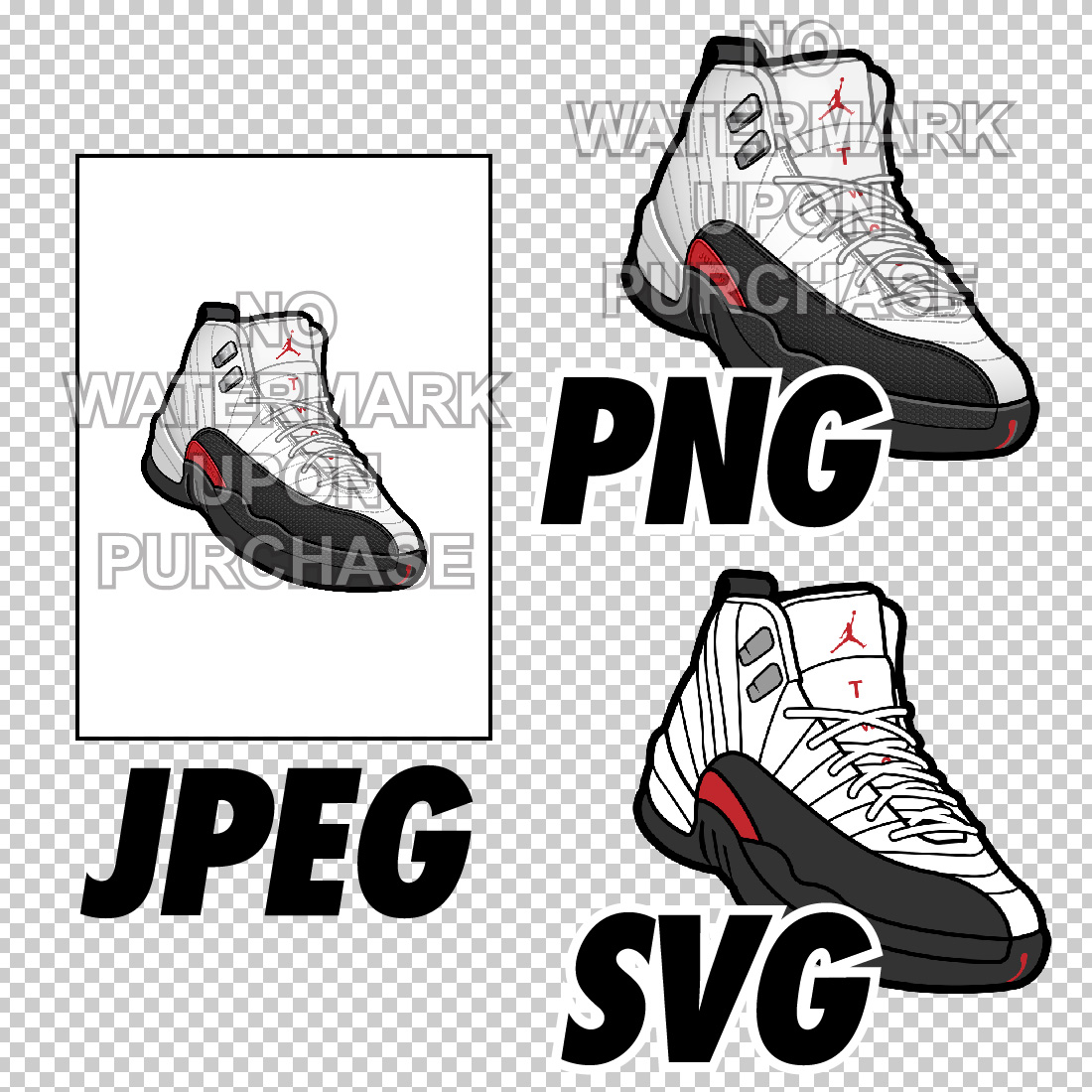 Air Jordan 12 Red Taxi JPEG PNG SVG digital sneaker art preview image.