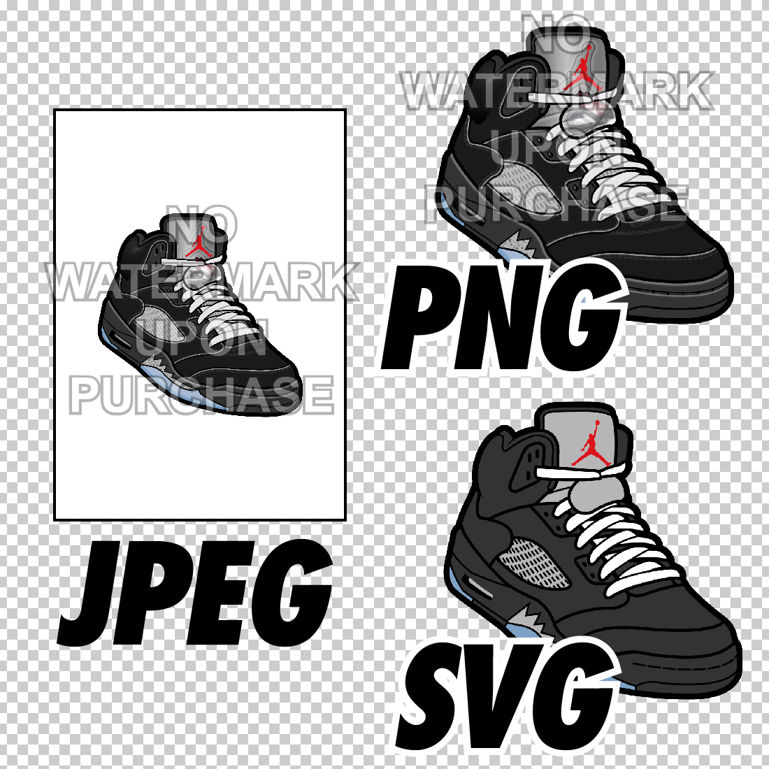 Air Jordan 5 Black Metallic Reimagined JPEG PNG SVG digital sneaker art preview image.
