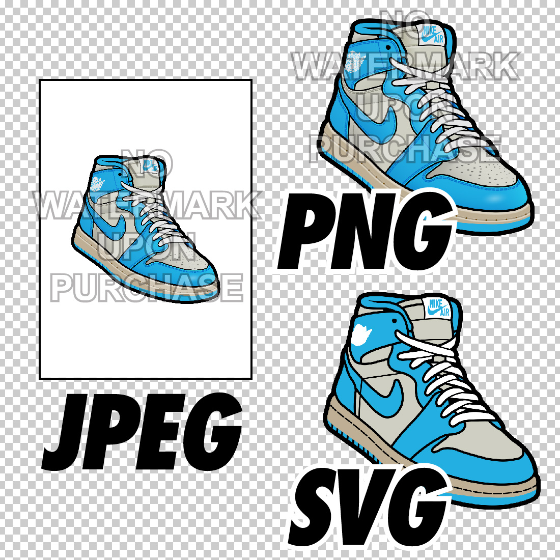 Air Jordan 1 UNC Reimagined JPEG PNG SVG Digital Sneaker art preview image.