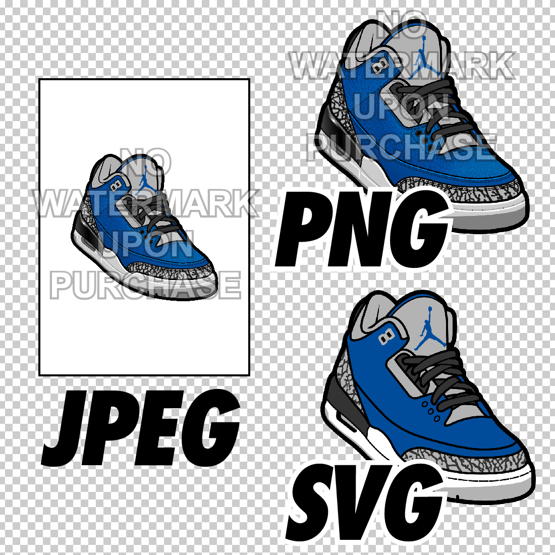 Air Jordan 3 Varsity Royal JPEG PNG SVG digital sneaker art preview image.