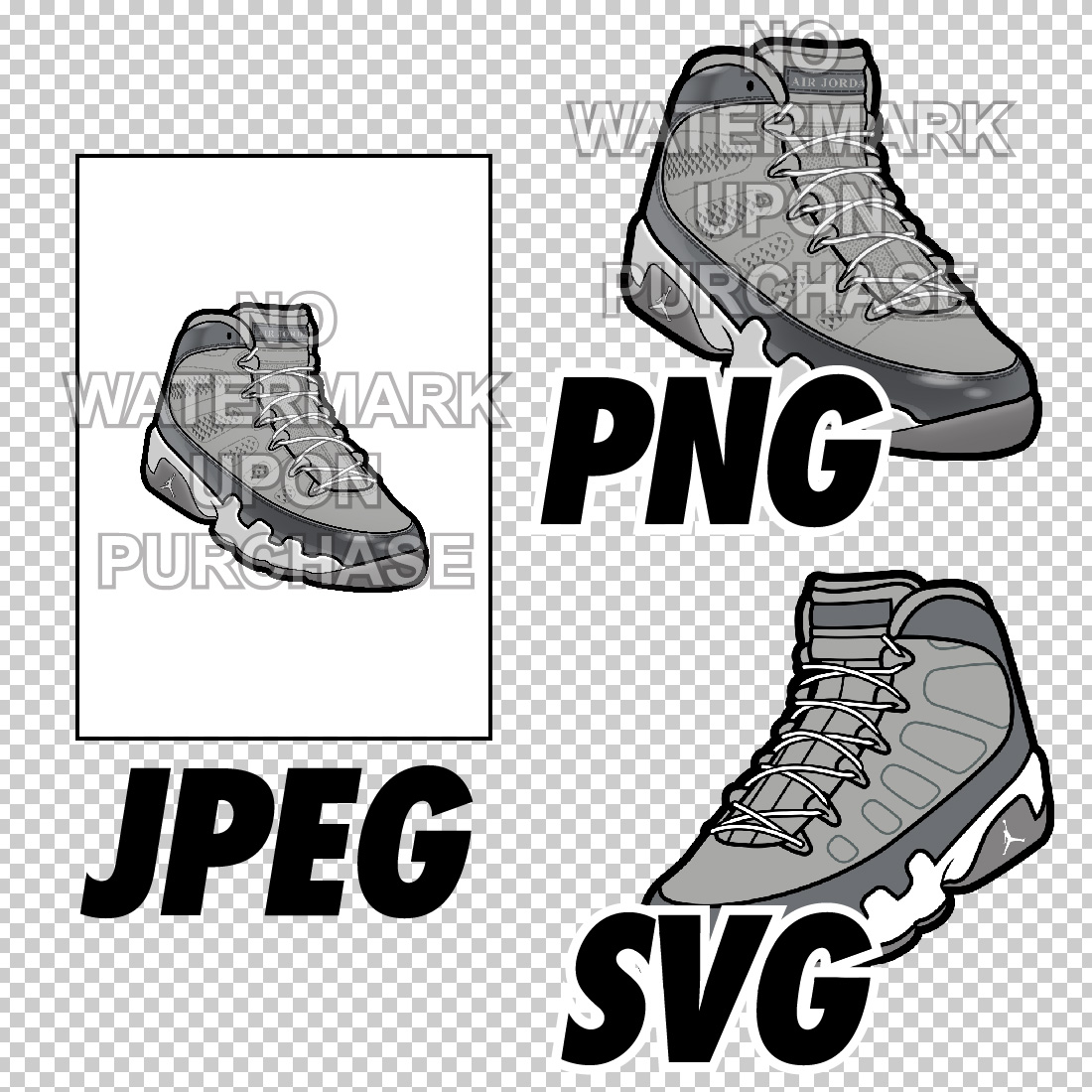 Air Jordan 9 Cool Grey JPEG PNG SVG digital sneaker art preview image.