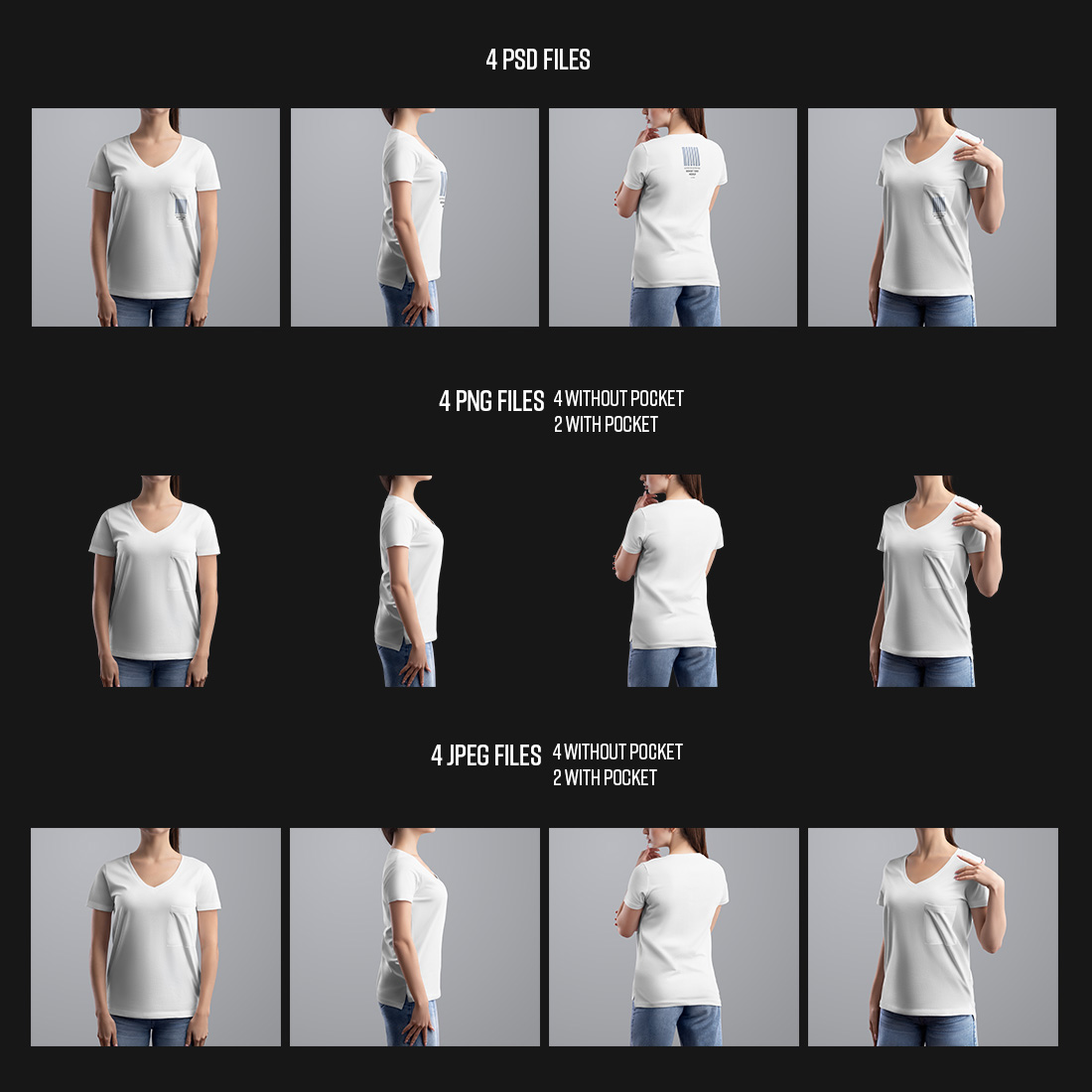 4 Mockup Woman V-Neck T-Shirt with a Chest Pocket vol02 preview image.