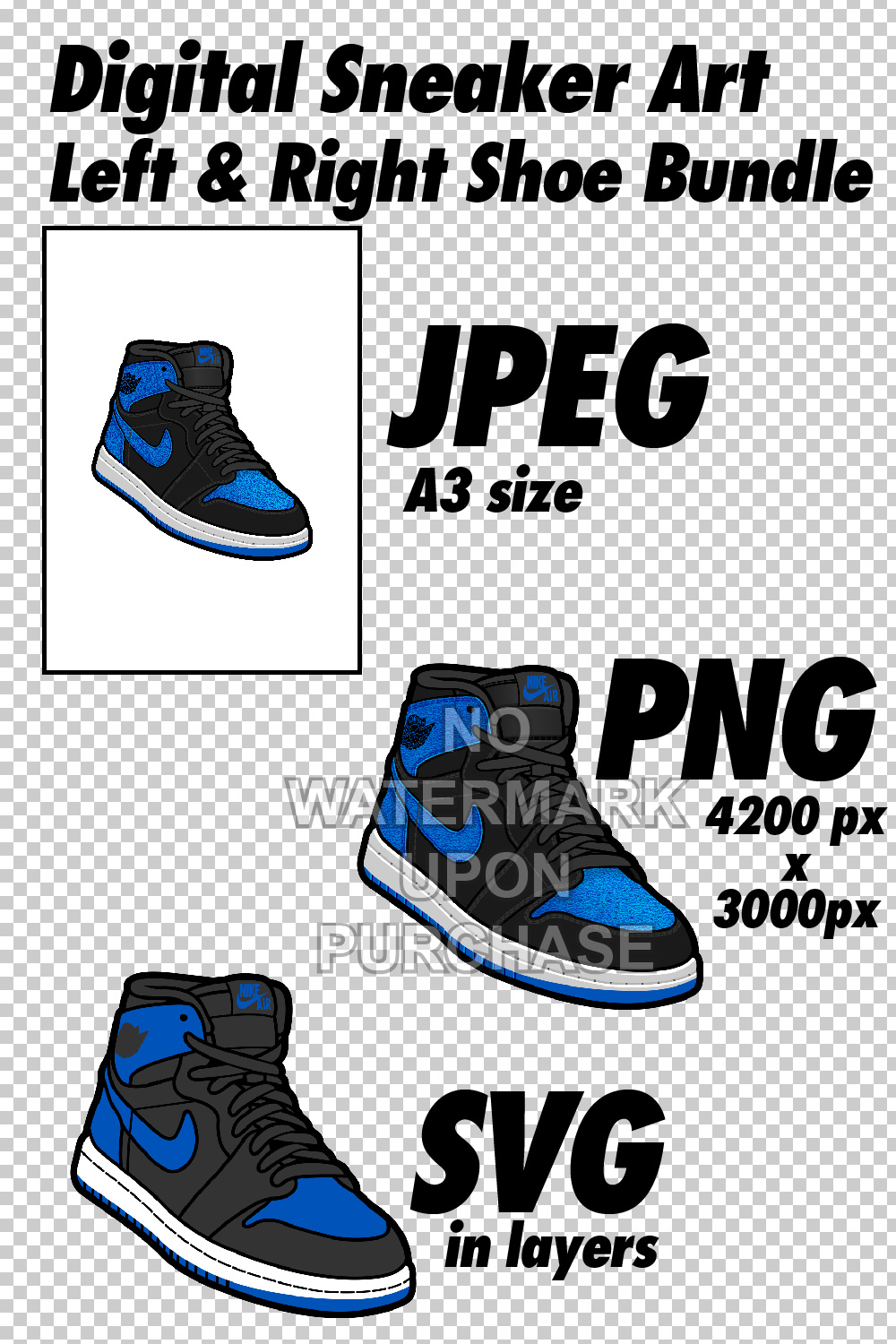 Air Jordan 1 Royal Reimagined JPEG PNG SVG Digital Sneaker Art pinterest preview image.