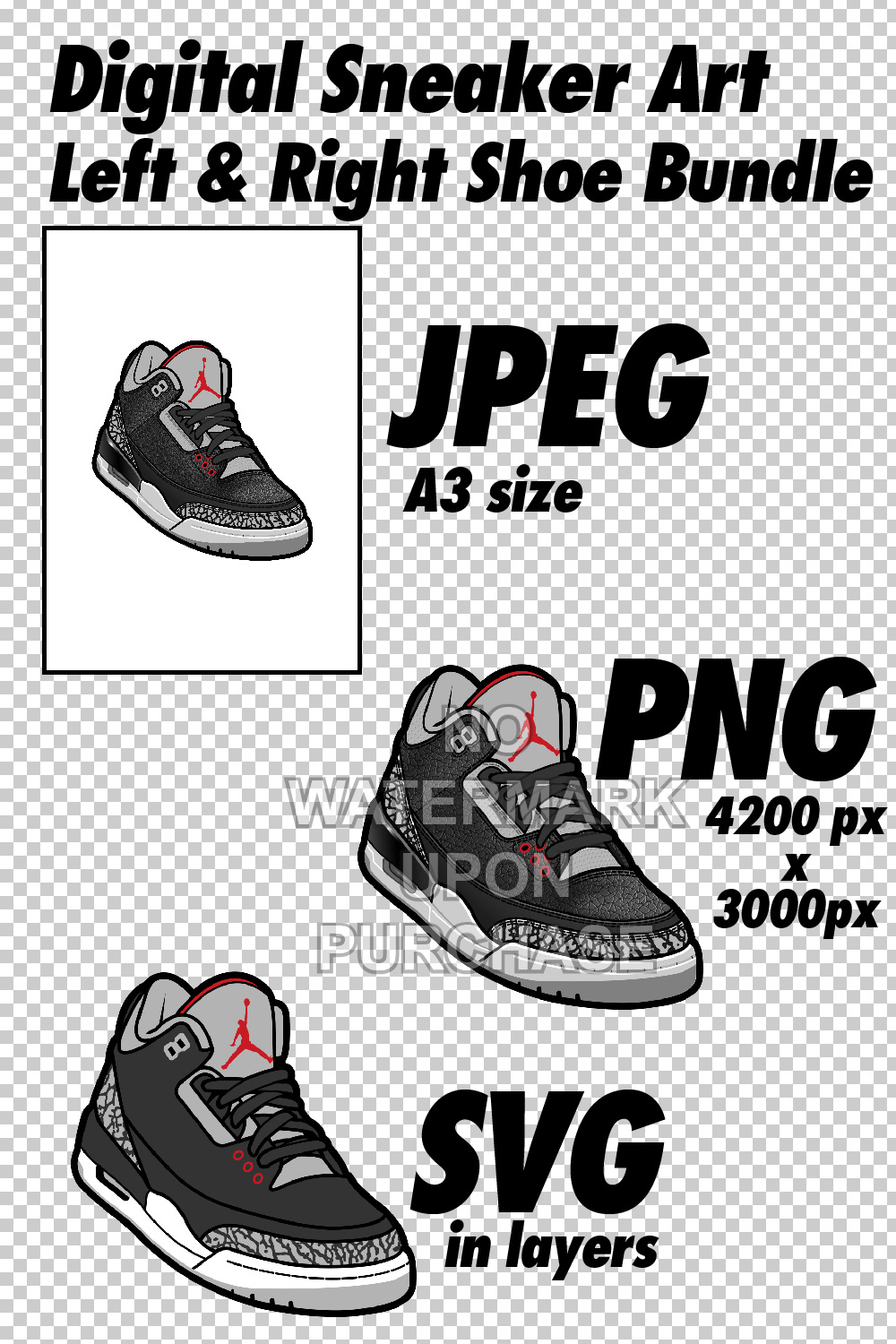 Air Jordan 3 Black Cement JPEG PNG SVG digital sneaker art pinterest preview image.