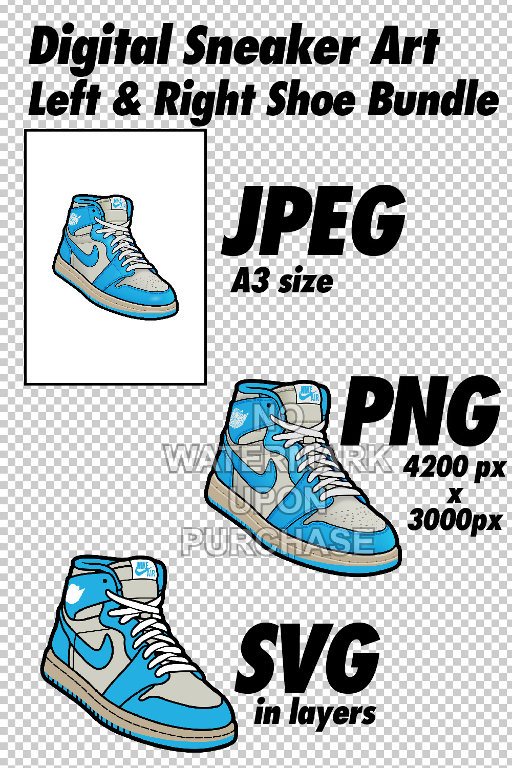 Air Jordan 1 UNC Reimagined JPEG PNG SVG Digital Sneaker art pinterest preview image.