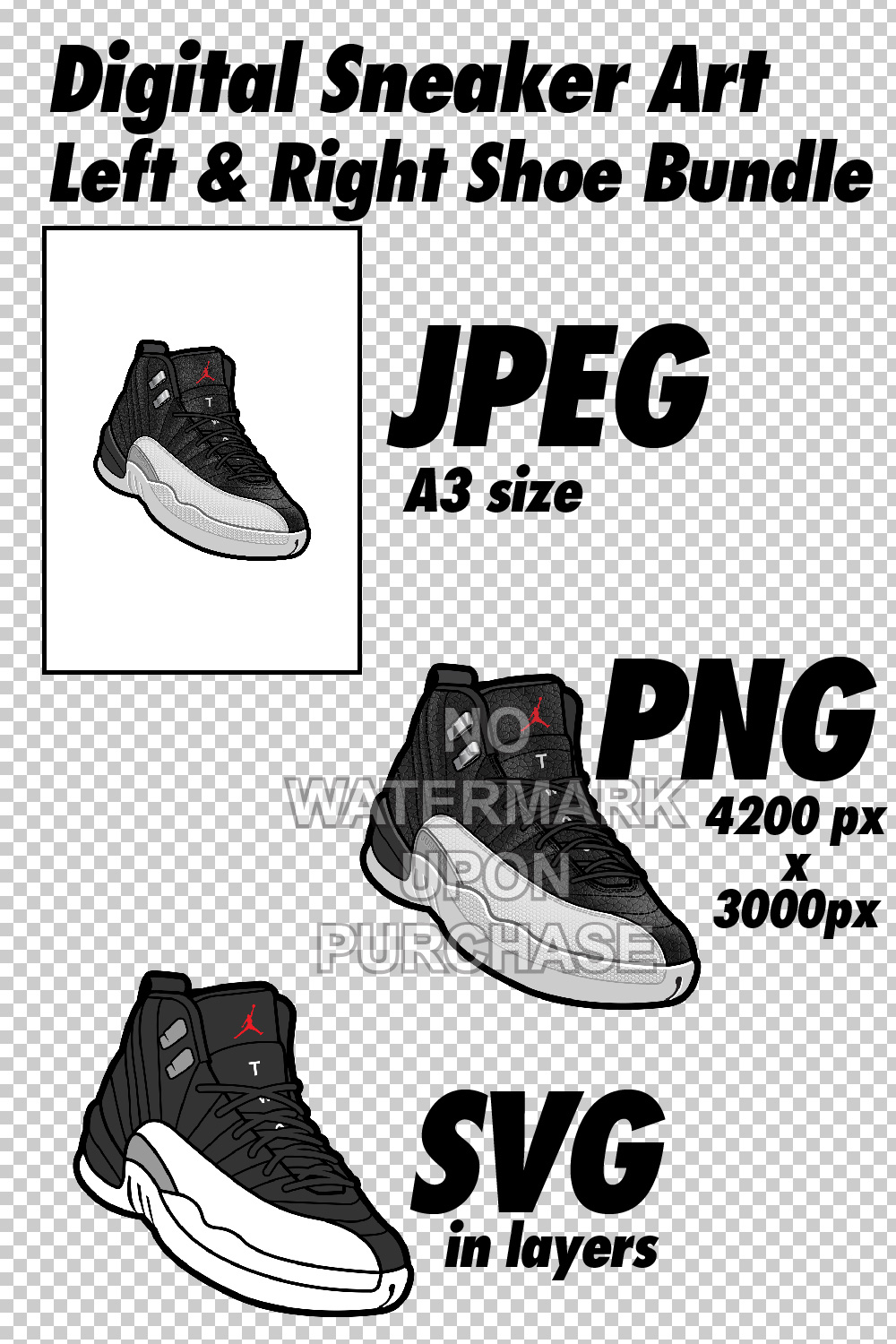 Air Jordan 12 Playoffs JPEG PNG SVG digital sneaker art pinterest preview image.