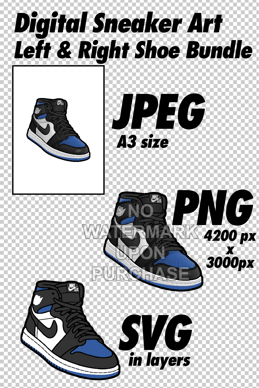 Air Jordan 1 Royal Toe JPEG PNG SVG Digital Sneaker Art pinterest preview image.