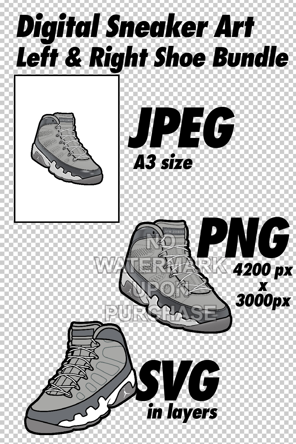 Air Jordan 9 Cool Grey JPEG PNG SVG digital sneaker art pinterest preview image.